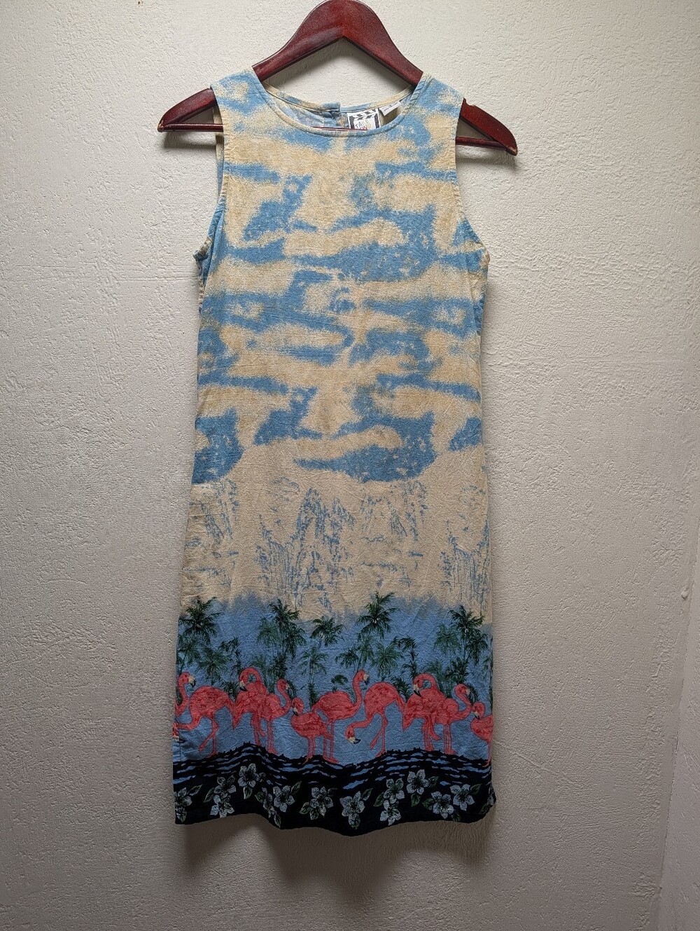 Vtg Take Two Clothing Co Dress Womens Size Small Flamingo Palm Tree Shift Cotton
